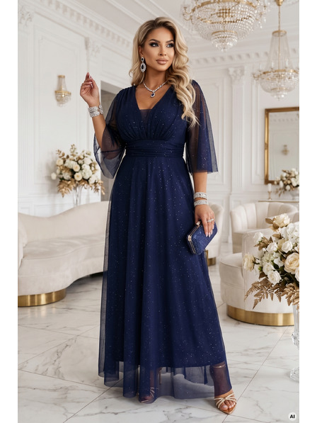 numoco Dlouhé třpytivé plus size šaty s výstřihem a průhledným rukávem - tmavě modrá