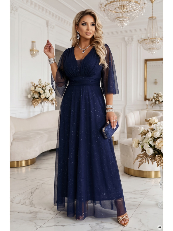 numoco Dlouhé třpytivé plus size šaty s výstřihem a průhledným rukávem - tmavě modrá