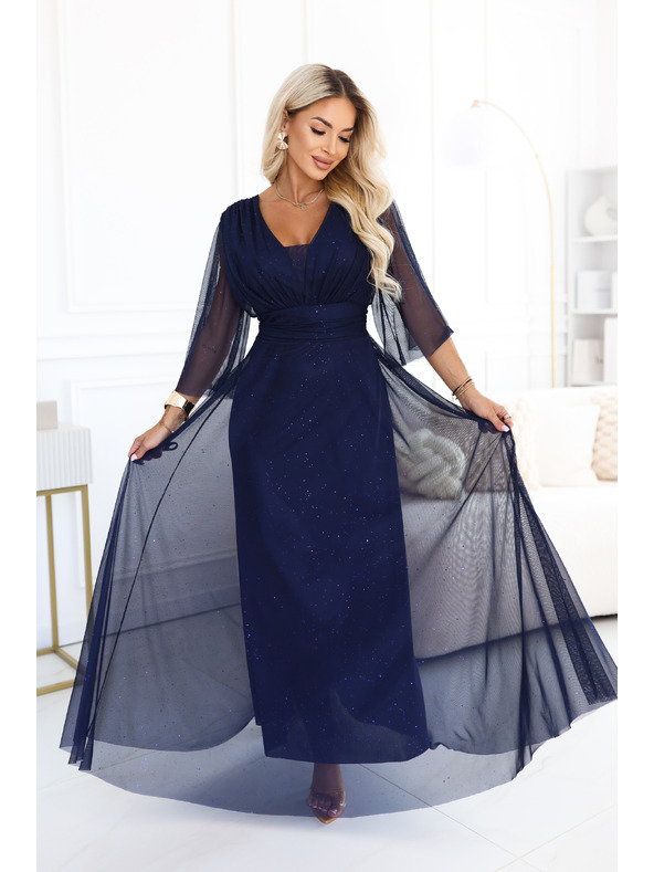 numoco Dlouhé třpytivé plus size šaty s výstřihem a průhledným rukávem - tmavě modrá
