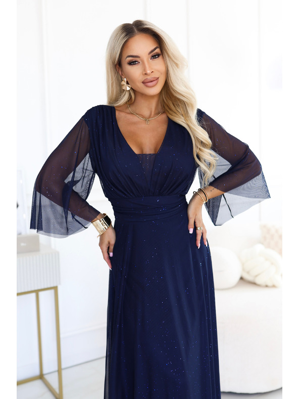 numoco Dlouhé třpytivé plus size šaty s výstřihem a průhledným rukávem - tmavě modrá
