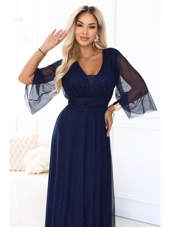 numoco Dlouhé třpytivé plus size šaty s výstřihem a průhledným rukávem - tmavě modrá