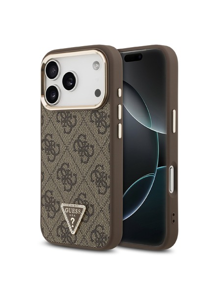 Guess Guess PU Leather 4G Strass Triangle Logo Gold Frame MagSafe Zadní Kryt pro iPhone 18 Pro Brown