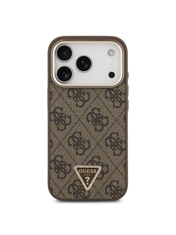 Guess Guess PU Leather 4G Strass Triangle Logo Gold Frame MagSafe Zadní Kryt pro iPhone 18 Pro Brown
