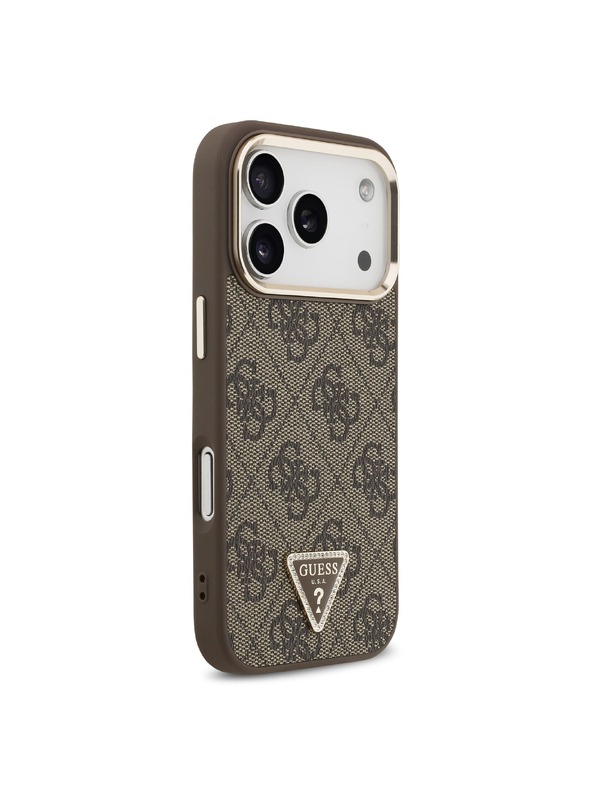 Guess Guess PU Leather 4G Strass Triangle Logo Gold Frame MagSafe Zadní Kryt pro iPhone 18 Pro Brown