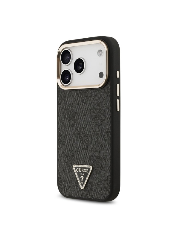 Guess Guess PU Leather 4G Strass Triangle Logo Gold Frame MagSafe Zadní Kryt pro iPhone 18 Pro Black