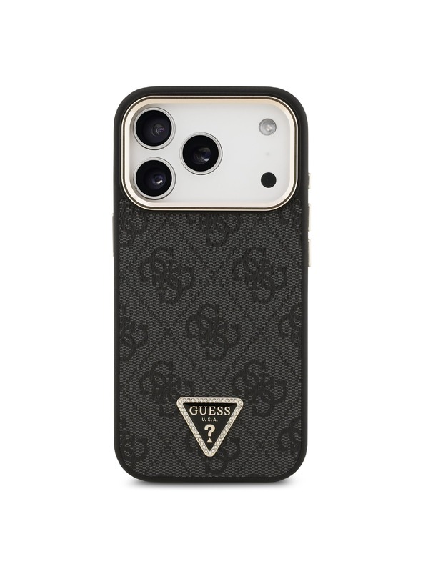 Guess Guess PU Leather 4G Strass Triangle Logo Gold Frame MagSafe Zadní Kryt pro iPhone 18 Pro Black