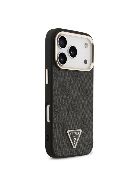 Guess Guess PU Leather 4G Strass Triangle Logo Gold Frame MagSafe Zadní Kryt pro iPhone 18 Pro Black