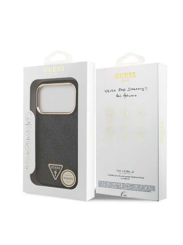 Guess Guess PU Leather 4G Strass Triangle Logo Gold Frame MagSafe Zadní Kryt pro iPhone 18 Pro Black