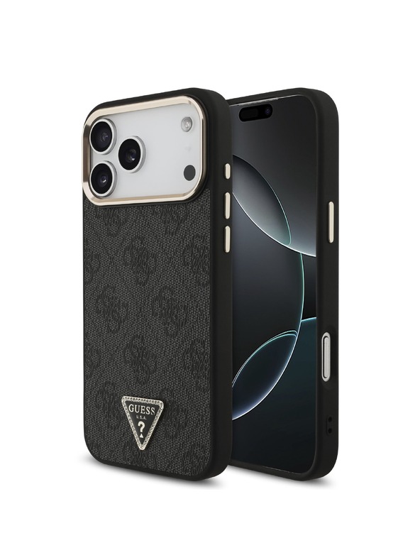 Guess Guess PU Leather 4G Strass Triangle Logo Gold Frame MagSafe Zadní Kryt pro iPhone 18 Pro Max Black