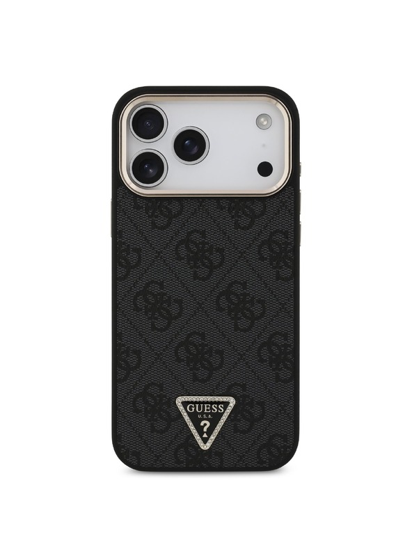 Guess Guess PU Leather 4G Strass Triangle Logo Gold Frame MagSafe Zadní Kryt pro iPhone 18 Pro Max Black