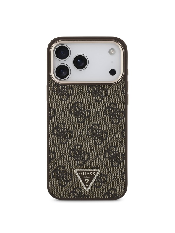 Guess Guess PU Leather 4G Strass Triangle Logo Gold Frame MagSafe Zadní Kryt pro iPhone 18 Pro Max Brown