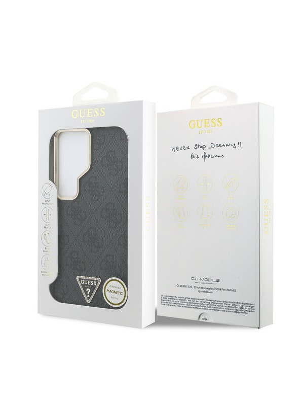 Guess Guess PU Leather 4G Strass Triangle Logo Gold Frame Magnetic Zadní Kryt pro Samsung Galaxy S26 Ultra Black