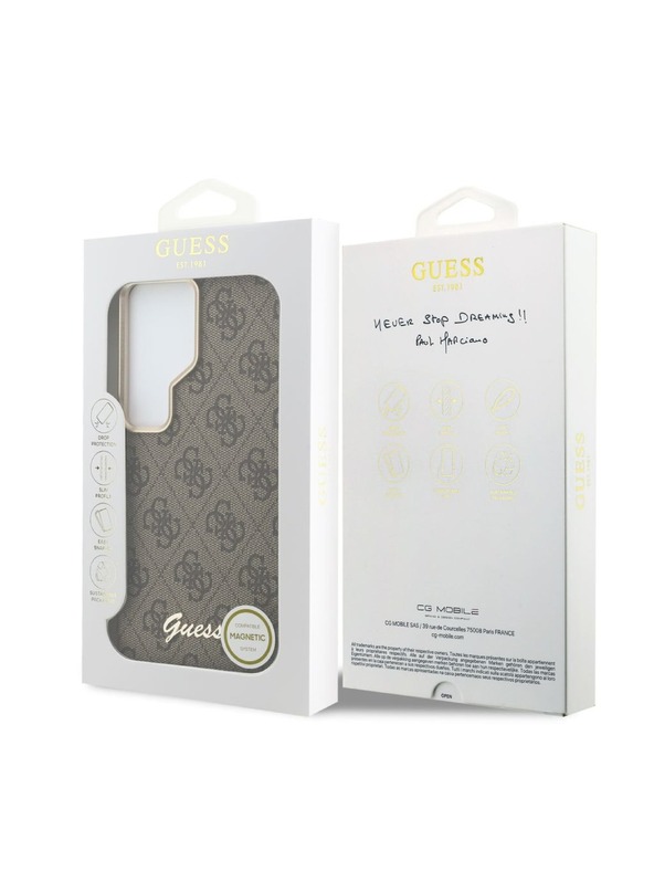 Guess Guess PU 4G Script Metal Logo Magnetic Zadní Kryt pro Samsung Galaxy S26 Ultra Brown