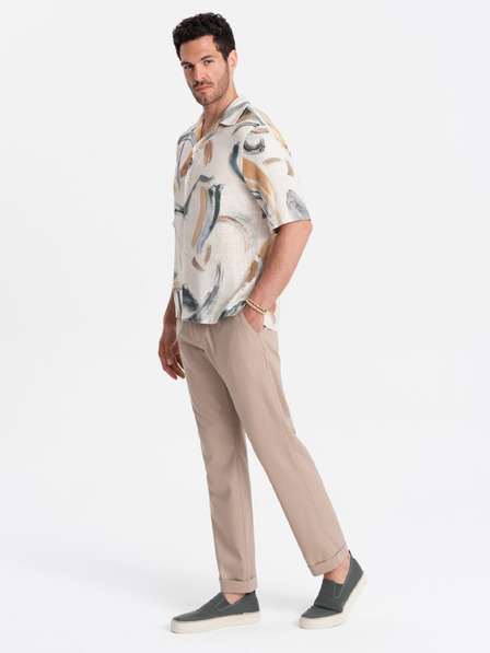 Ombre Clothing Pánské chino kalhoty s ohrnutými nohavicemi a příměsí lnu – béžové V3 P1522 Ombre Clothing