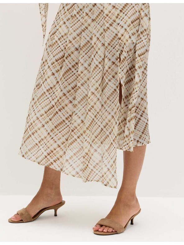 Marks & Spencer Kostkovaná šifonová midisukně áčkového střihu Marks & Spencer hnědá