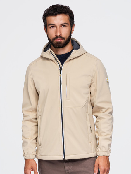 Ombre Clothing Pánská bunda SOFTSHELL s fleecovou podšívkou a kapucí – písková V4 OM-JANP-0292 Ombre Clothing