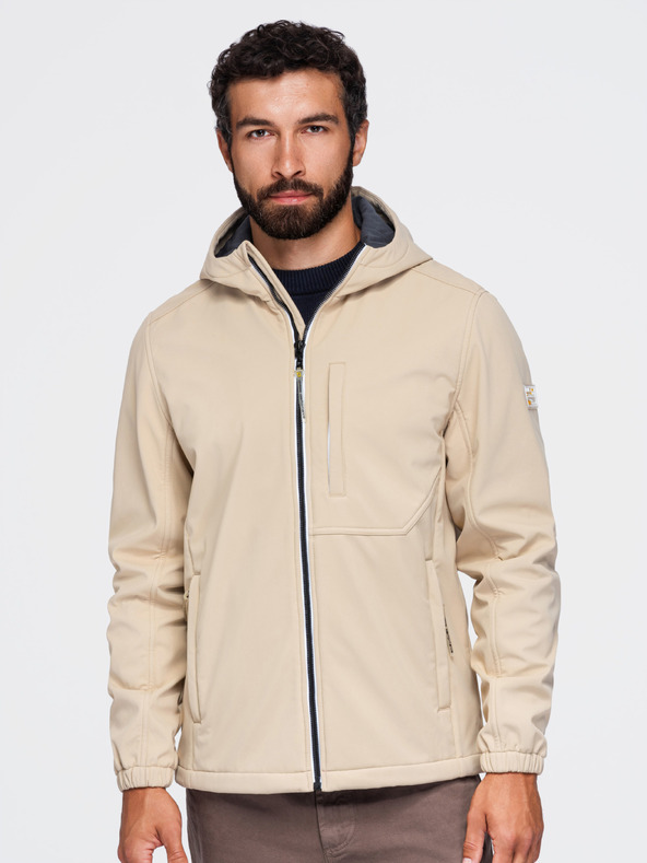 Ombre Clothing Pánská bunda SOFTSHELL s fleecovou podšívkou a kapucí – písková V4 OM-JANP-0292 Ombre Clothing