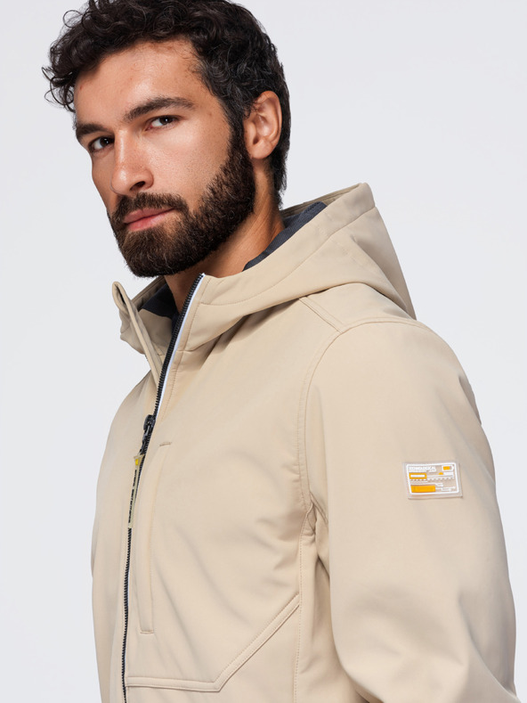 Ombre Clothing Pánská bunda SOFTSHELL s fleecovou podšívkou a kapucí – písková V4 OM-JANP-0292 Ombre Clothing