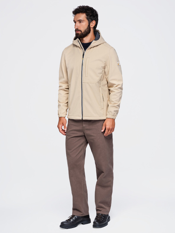 Ombre Clothing Pánská bunda SOFTSHELL s fleecovou podšívkou a kapucí – písková V4 OM-JANP-0292 Ombre Clothing