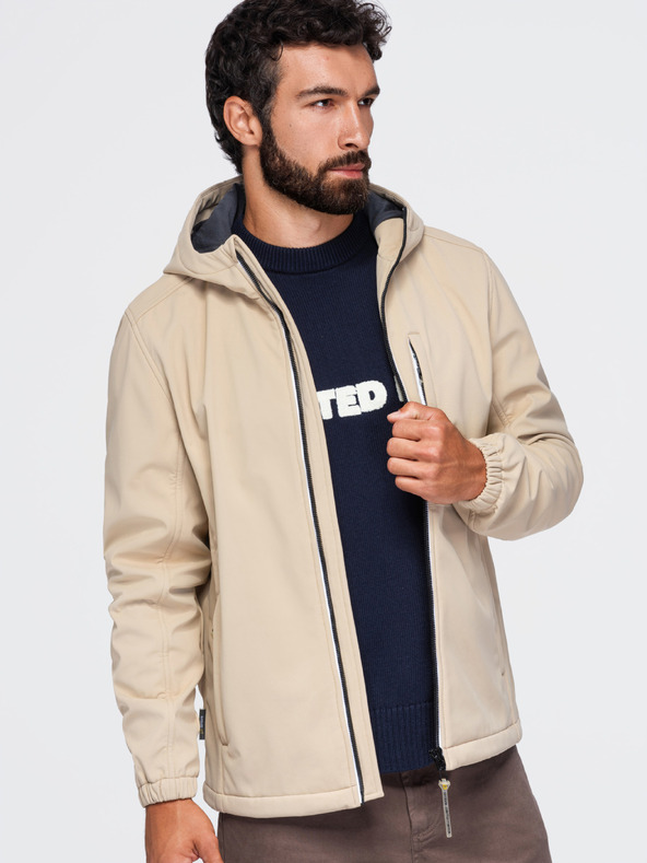 Ombre Clothing Pánská bunda SOFTSHELL s fleecovou podšívkou a kapucí – písková V4 OM-JANP-0292 Ombre Clothing