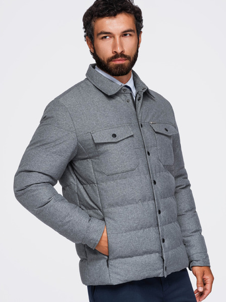 Ombre Clothing Přešívaná pánská košilová bunda s kapsami – šedý melír V2 OM-JALP-0256 Ombre Clothing