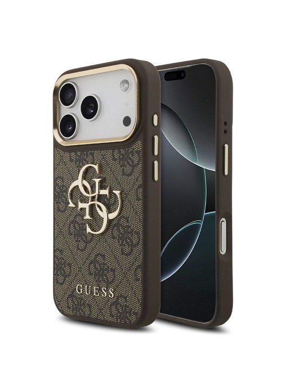 Guess Guess PU Leather 4G Metal Logo Gold Frame Zadní Kryt pro iPhone 18 Pro Brown
