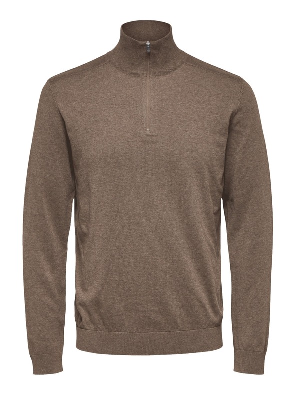 SELECTED Pánský svetr se zipem u krku teak
