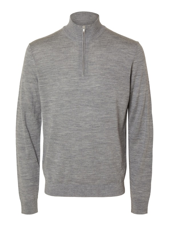 SELECTED Pánský  svetr se zipem u krku grey melange