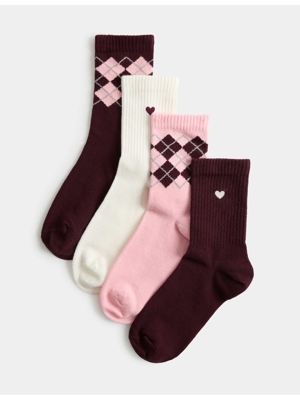 Marks & Spencer Sada 4 párů kotníkových ponožek s vysokým podílem bavlny a geometrickým vzorem Marks & Spencer červená