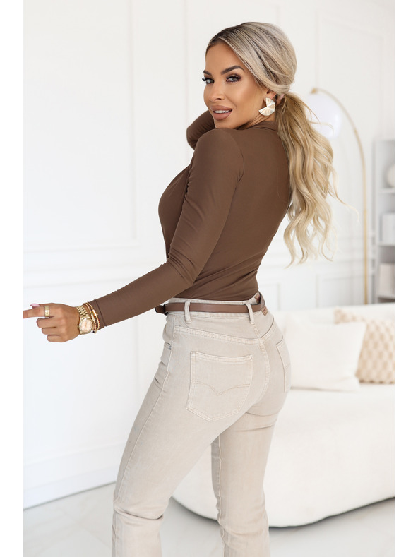numoco Stylové dámské body se zavinovacím výstřihem - mocca hnědá